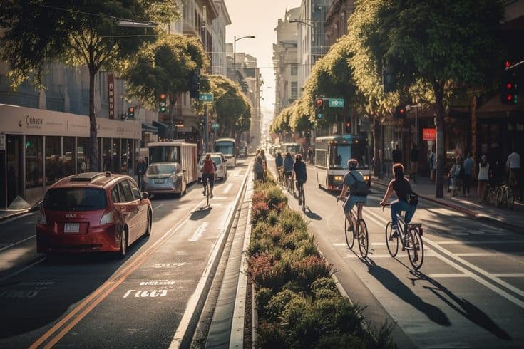 A cyclist riding a bike on a city street, an example of sustainable transport.