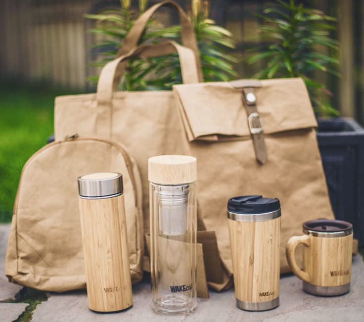 A collection of eco-friendly cleaning products and household items with sustainable packaging.